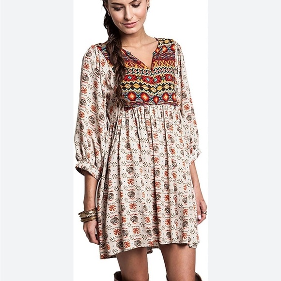 Umgee Aztec Dove Pattern 3/4 Sleeve Tunic Mini Dress Boho Western Rodeo Sz Small - Picture 1 of 12